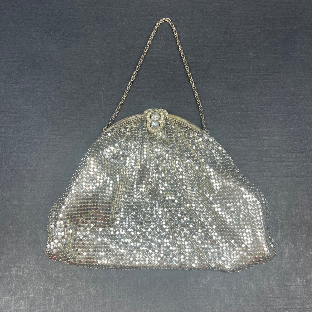 Vintage Whiting & Davis Co Silver Metal Mesh Evening Bag Rhinestone Clasp USA